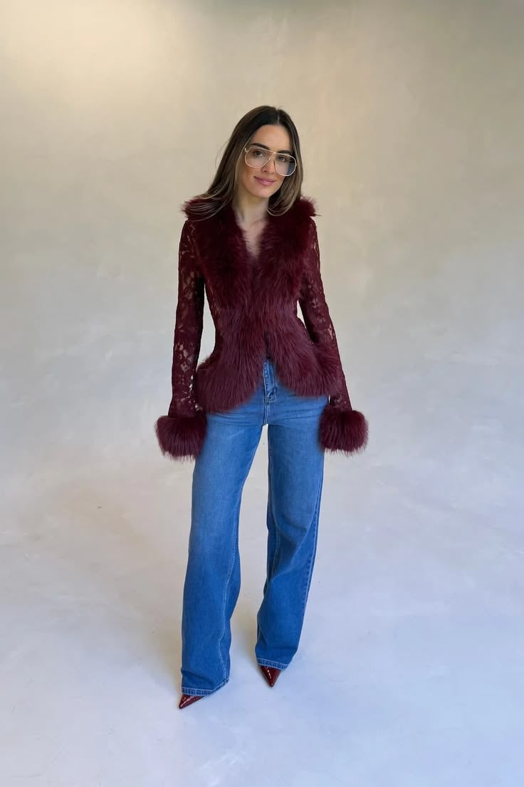 Veste Dentelle-Fourrure Bordeaux