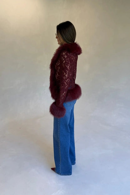 Veste Dentelle-Fourrure Bordeaux