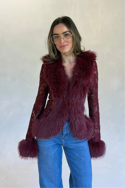 Veste Dentelle-Fourrure Bordeaux