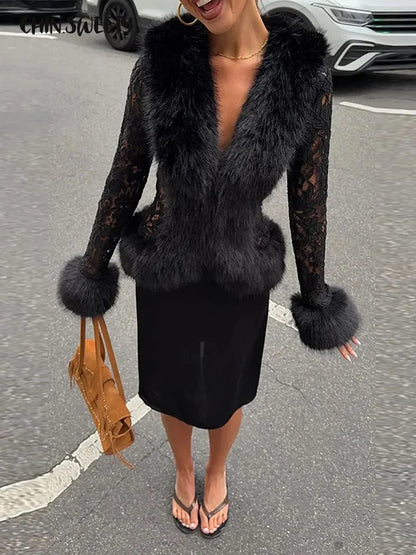 veste dentelle en fourrure
